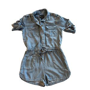 Velvet Heart Denim Romper Small With Adjustable Waist Tie Rolled Sleeves Tencel